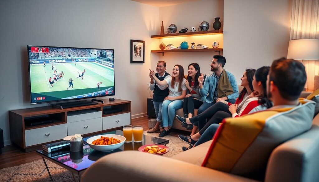 An inviting living room scene showcasing a modern entertainment setup for sports streaming. In the foreground, a sleek flat-screen TV displays a dynamic sports event, with vibrant team colors. To the side, a stylish coffee table holds snacks and drinks, indicating a casual viewing party. In the middle, a diverse group of friends, dressed in smart casual attire, are enthusiastically watching the game, reacting to exciting moments. The background features a cozy couch adorned with team pillows, while warm, soft lighting casts a welcoming ambiance. A small shelf displays sports memorabilia, enhancing the theme of sports culture. The overall atmosphere is lively and engaging, reflecting the enjoyment of using iptvmaxcanada.com for seamless sports streaming in Canada. An inviting living room scene showcasing a modern entertainment setup for sports streaming. In the foreground, a sleek flat-screen TV displays a dynamic sports event, with vibrant team colors. To the side, a stylish coffee table holds snacks and drinks, indicating a casual viewing party. In the middle, a diverse group of friends, dressed in smart casual attire, are enthusiastically watching the game, reacting to exciting moments. The background features a cozy couch adorned with team pillows, while warm, soft lighting casts a welcoming ambiance. A small shelf displays sports memorabilia, enhancing the theme of sports culture. The overall atmosphere is lively and engaging, reflecting the enjoyment of using iptvmaxcanada.com for seamless sports streaming in Canada.