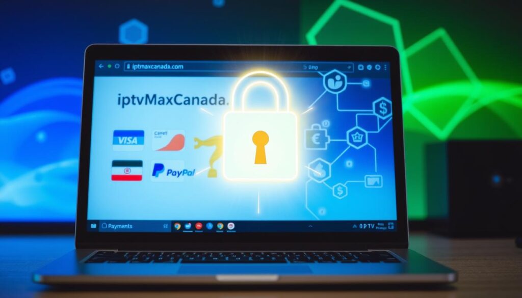 An organized desktop scene illustrating IPTV payment methods and security for Canadian users. In the foreground, a laptop displaying the website "iptvmaxcanada.com" with graphics of various payment icons like credit cards, PayPal, and cryptocurrency symbols. In the middle, a secure padlock symbol, representing security measures, is overlayed with a glowing effect. In the background, abstract shapes symbolize digital transactions, creating a sense of movement and tech-savvy innovation. The color scheme features blue and green hues to evoke a feeling of safety and trust. The lighting is bright and modern, with a soft focus to keep the attention on the payment methods. The atmosphere is professional and informative, perfect for an article on IPTV trials. An organized desktop scene illustrating IPTV payment methods and security for Canadian users. In the foreground, a laptop displaying the website "iptvmaxcanada.com" with graphics of various payment icons like credit cards, PayPal, and cryptocurrency symbols. In the middle, a secure padlock symbol, representing security measures, is overlayed with a glowing effect. In the background, abstract shapes symbolize digital transactions, creating a sense of movement and tech-savvy innovation. The color scheme features blue and green hues to evoke a feeling of safety and trust. The lighting is bright and modern, with a soft focus to keep the attention on the payment methods. The atmosphere is professional and informative, perfect for an article on IPTV trials.