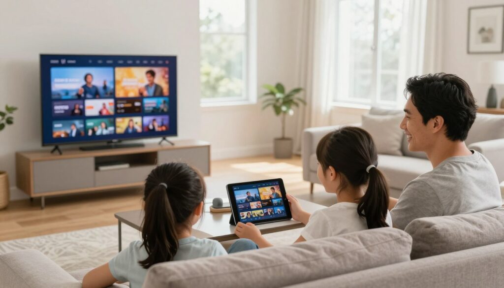 Canadian family enjoying entertainment together with IPTV on multiple devices in modern home