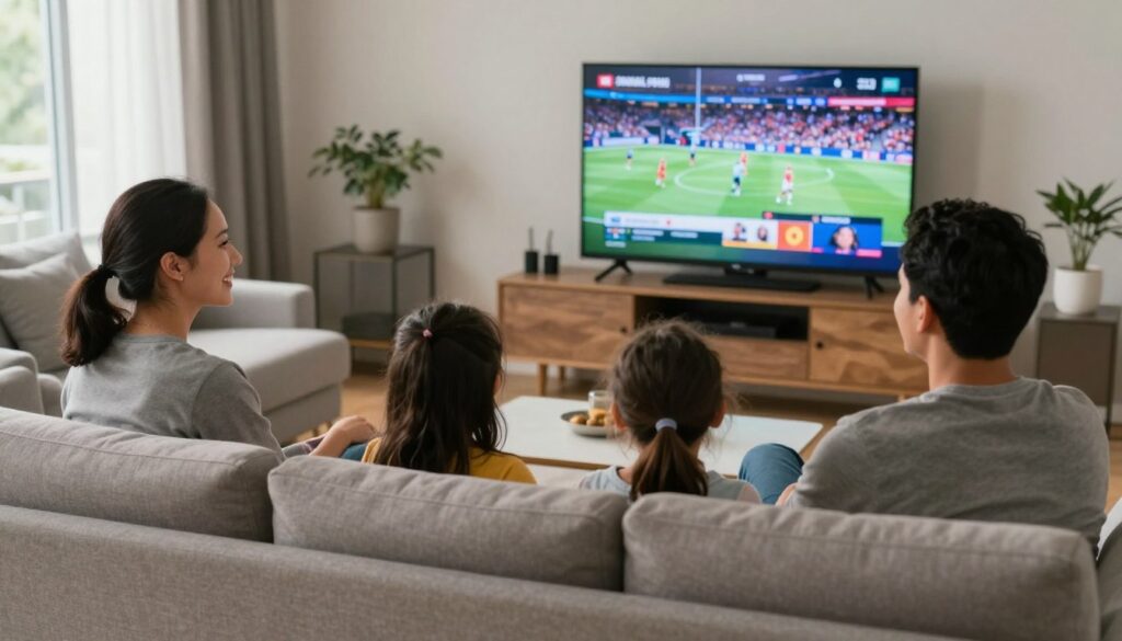 Canadian family happily using IPTV service on TV in living room