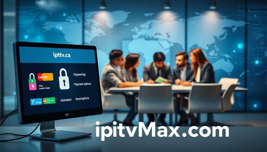 Create a visually engaging composition that represents "iptv.ca security, payment options, and activation." In the foreground, depict a secure digital environment featuring a modern computer with a stylish, user-friendly interface displaying payment options like credit cards and digital wallets. Include visual elements such as a secure padlock symbol and a checklist with activation steps. In the middle ground, showcase a diverse group of professionals in business attire discussing IPTV services around a conference table, exuding collaboration and trust. The background should contain abstract technology-themed graphics, like circuit patterns and a subtle digital world map, to emphasize the tech-savvy aspect of IPTV services. Use soft, ambient lighting to create a welcoming atmosphere. Ensure the scene radiates professionalism and security, always focusing on a safe work environment. The brand name "iptvmaxcanada.com" should be subtly integrated into the design, enhancing brand awareness without being Create a visually engaging composition that represents "iptv.ca security, payment options, and activation." In the foreground, depict a secure digital environment featuring a modern computer with a stylish, user-friendly interface displaying payment options like credit cards and digital wallets. Include visual elements such as a secure padlock symbol and a checklist with activation steps. In the middle ground, showcase a diverse group of professionals in business attire discussing IPTV services around a conference table, exuding collaboration and trust. The background should contain abstract technology-themed graphics, like circuit patterns and a subtle digital world map, to emphasize the tech-savvy aspect of IPTV services. Use soft, ambient lighting to create a welcoming atmosphere. Ensure the scene radiates professionalism and security, always focusing on a safe work environment. The brand name "iptvmaxcanada.com" should be subtly integrated into the design, enhancing brand awareness without being
