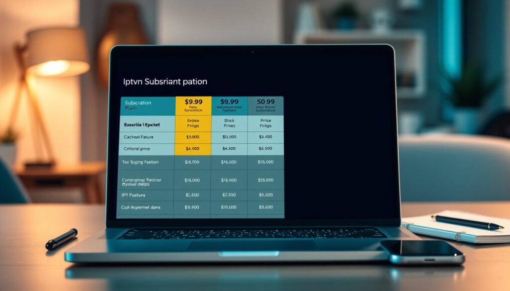 Create an image depicting a subscription plans and pricing overview for a fictional IPTV service, "iptvmaxcanada.com." In the foreground, showcase a sleek digital chart displaying various subscription tiers with distinct features and prices, using modern icons. The middle ground should feature a laptop on a stylish desk, surrounded by a notebook and a smartphone, indicating research and comparison. In the background, a soft-focus office environment with warm lighting creates a professional, inviting atmosphere. Use a slight overhead angle to capture all elements clearly, ensuring the mood is informative yet engaging. The color palette should be calming blues and greens to reflect a tech-savvy theme. No text, logos, or watermarks should appear in the image.