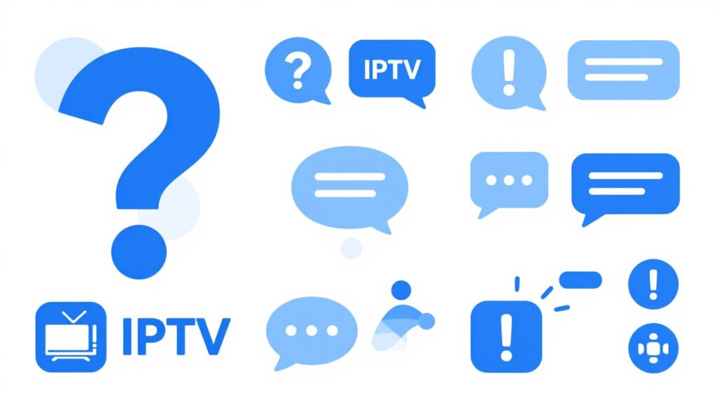 FAQ concept with question marks and answers related to IPTV services