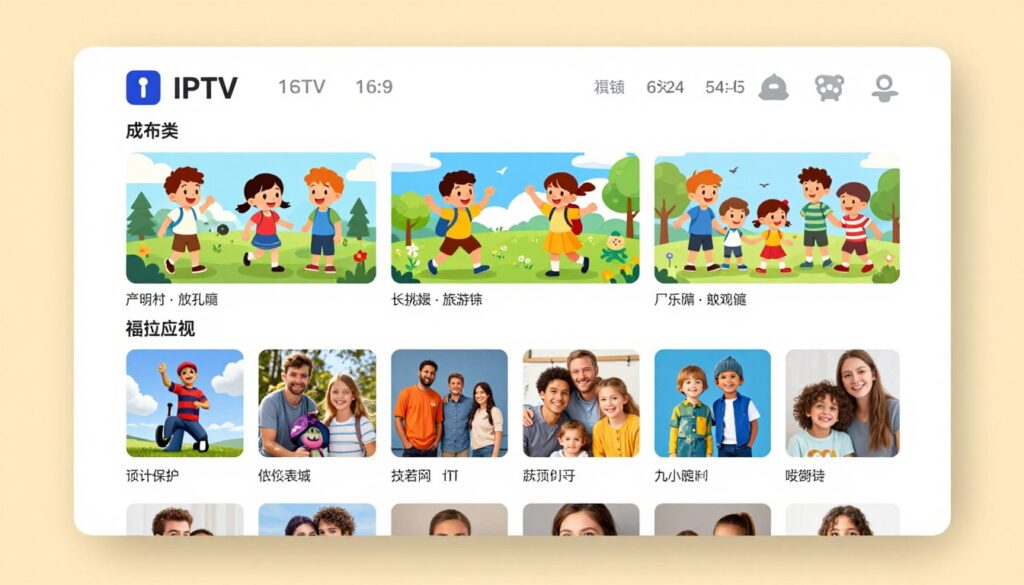 Family-friendly IPTV interface showing kids content and parental control features