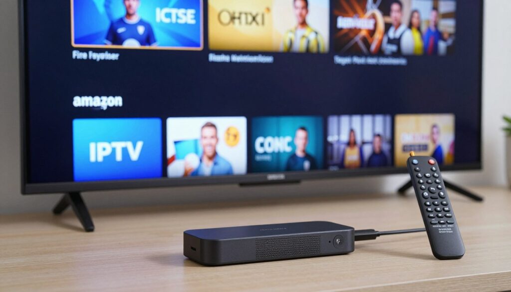 Fire Stick connected to TV showing IPTV player app interface