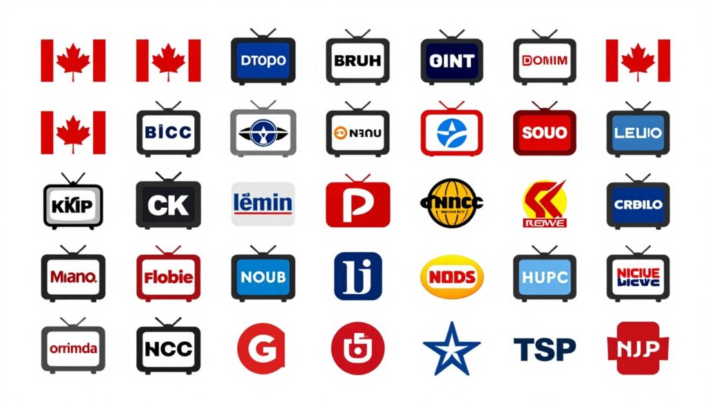 Grid display of diverse international TV channel logos and content thumbnails