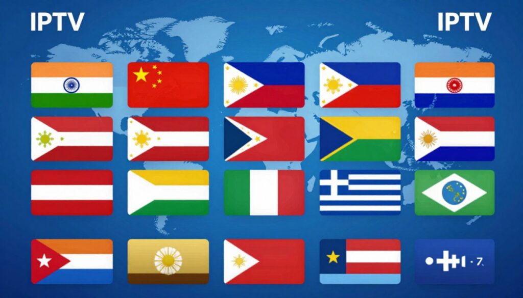 IPTV interface displaying diverse international channels from multiple countries