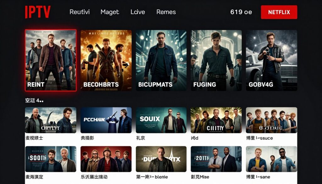 IPTV movie library interface showing latest releases and popular series