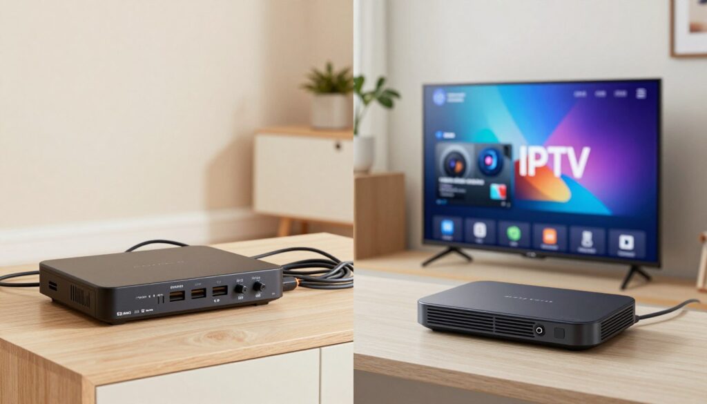 Modern Canadian home entertainment setup with IPTV replacing traditional cable