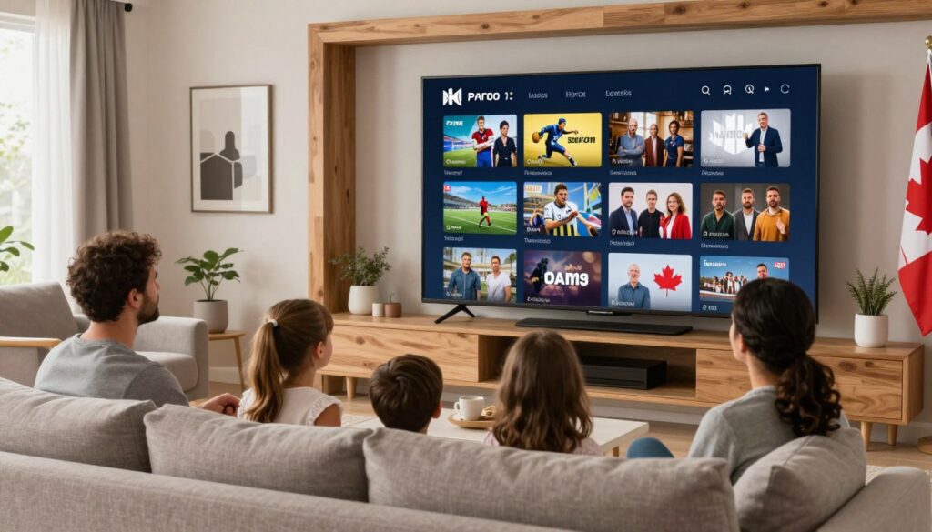 Modern Canadian living room with family watching IPTV on smart TV displaying various channel options