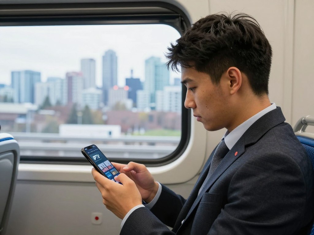 Person using smartphone IPTV app on public transit in Canadian city
