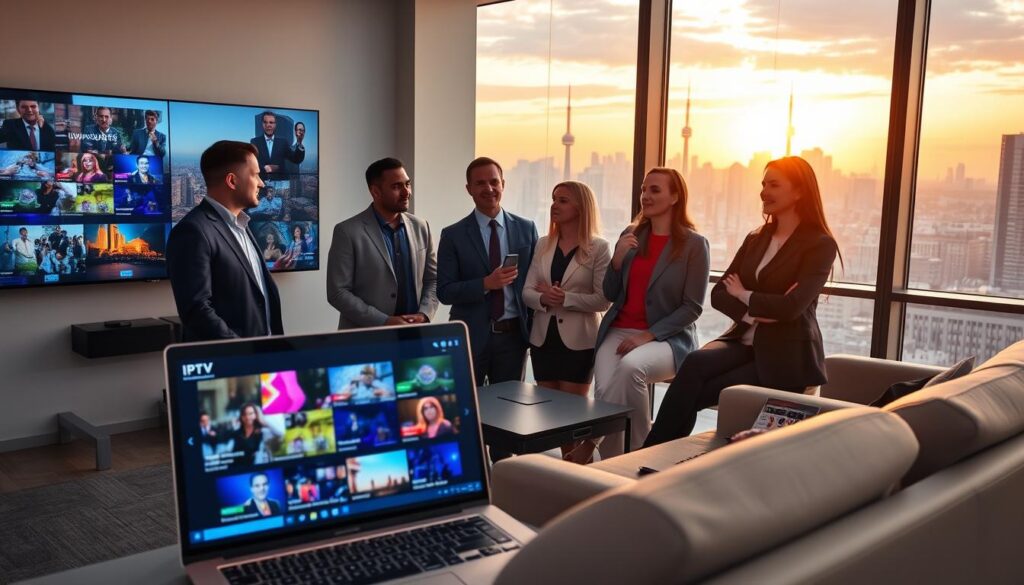 Professional business people in a modern office setting engrossed in streaming content on large screens showcasing IPTV services, with a focus on high-quality visuals and smooth performance. In the foreground, a stylish laptop displays vibrant IPTV Toronto screenshots, demonstrating streaming clarity. In the middle, a group of diverse professionals discuss their experience, dressed in smart casual attire, displaying satisfaction with the service. In the background, large windows reveal a bustling Toronto skyline, with the sun setting, casting warm, inviting light across the room. The atmosphere is one of innovation and reliability, emphasizing the seamless performance of IPTV services from iptvmaxcanada.com. Professional business people in a modern office setting engrossed in streaming content on large screens showcasing IPTV services, with a focus on high-quality visuals and smooth performance. In the foreground, a stylish laptop displays vibrant IPTV Toronto screenshots, demonstrating streaming clarity. In the middle, a group of diverse professionals discuss their experience, dressed in smart casual attire, displaying satisfaction with the service. In the background, large windows reveal a bustling Toronto skyline, with the sun setting, casting warm, inviting light across the room. The atmosphere is one of innovation and reliability, emphasizing the seamless performance of IPTV services from iptvmaxcanada.com.