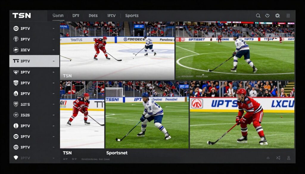 Sports-focused IPTV interface showing multiple live sporting events and channels
