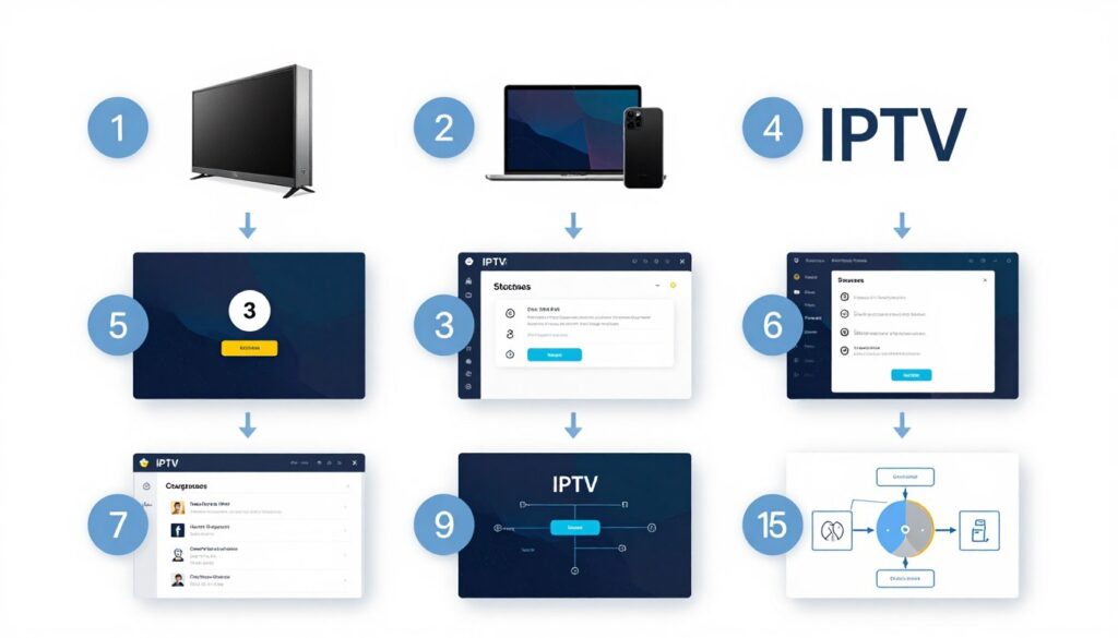 Step-by-step visual guide showing IPTV installation process on smart TV