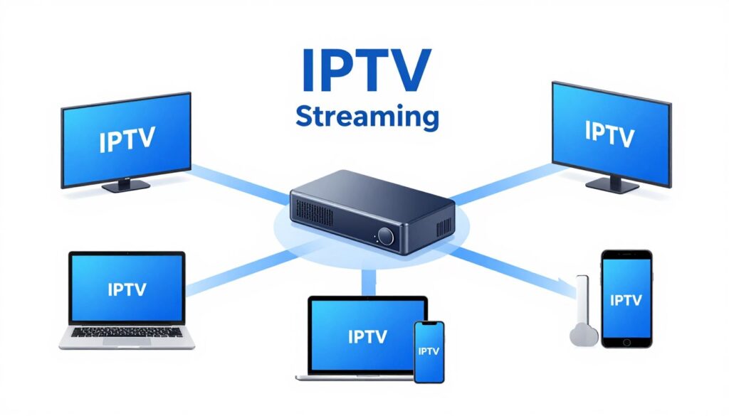 Technical diagram showing how internet protocol television streams from server through internet to various devices