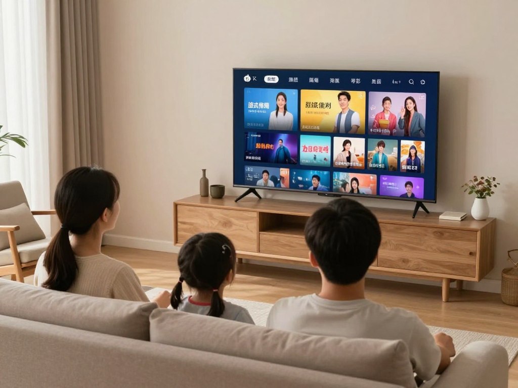 family watching IPTV service on smart TV showing entertainment channels