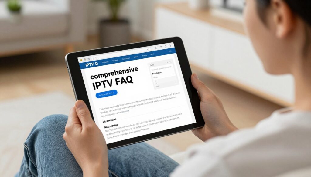 person reading IPTV FAQ on tablet while considering subscription