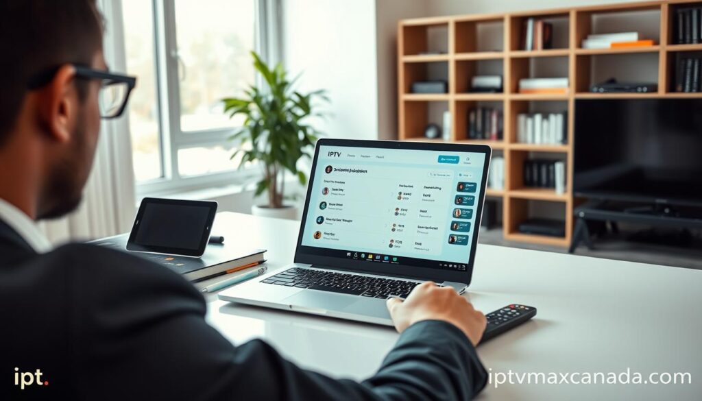 A clean and modern workspace featuring a stylish desk with a laptop open to a streaming IPTV subscription management dashboard. In the foreground, a person in professional business attire focuses on the screen, carefully assessing options for renewals and upgrades. Next to the laptop, various devices like a tablet and smart TV remote suggest multi-device management. In the middle ground, a well-organized bookshelf displays books on technology and digital media, while a plant adds a touch of warmth. The background shows a large window with natural light flooding in, enhancing the atmosphere of productivity and clarity. The scene conveys a sense of control and efficiency in managing IPTV subscriptions, reflecting the brand "iptvmaxcanada.com." Soft lighting ensures a welcoming environment.