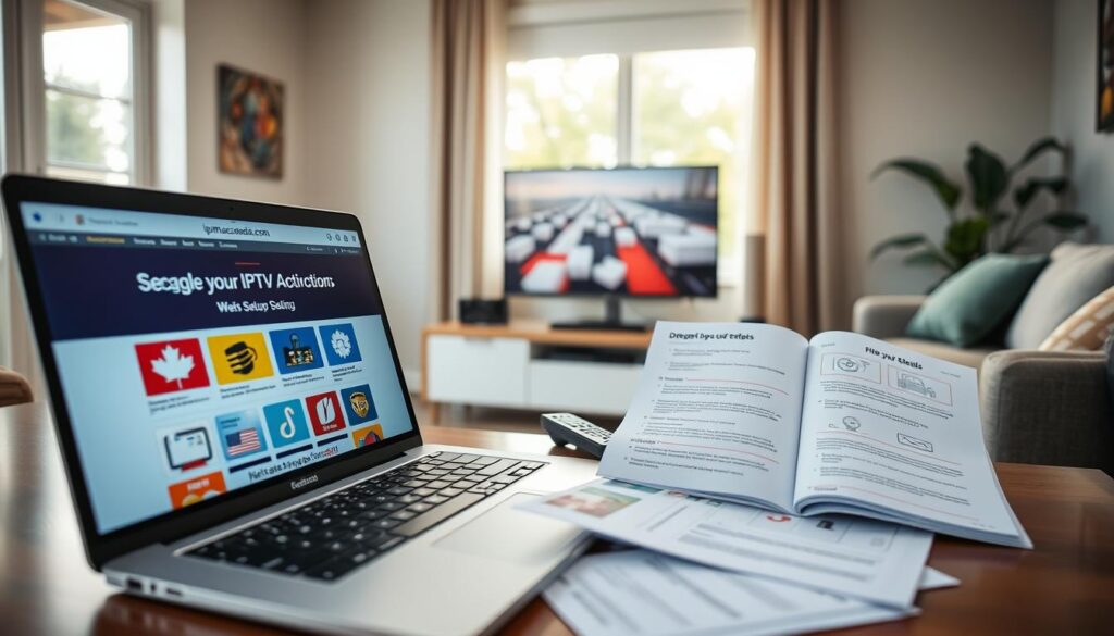 A clean and organized workspace displaying IPTV setup instructions specifically for Canadian viewers. In the foreground, feature a sleek laptop open to a website, "iptvmaxcanada.com", showcasing colorful IPTV activation steps. Beside the laptop, there are detailed printed setup guides with clear diagrams and step-by-step points. In the middle, a modern TV set with an IPTV device connected, and a remote control resting nearby, symbolizing an easy setup process. The background features a cozy living room space, well-lit by soft natural light filtering through a window, creating a welcoming atmosphere. The image should convey clarity and ease of understanding, with a focus on professionalism, making it suitable for anyone looking to activate their IPTV subscription. A clean and organized workspace displaying IPTV setup instructions specifically for Canadian viewers. In the foreground, feature a sleek laptop open to a website, "iptvmaxcanada.com", showcasing colorful IPTV activation steps. Beside the laptop, there are detailed printed setup guides with clear diagrams and step-by-step points. In the middle, a modern TV set with an IPTV device connected, and a remote control resting nearby, symbolizing an easy setup process. The background features a cozy living room space, well-lit by soft natural light filtering through a window, creating a welcoming atmosphere. The image should convey clarity and ease of understanding, with a focus on professionalism, making it suitable for anyone looking to activate their IPTV subscription.