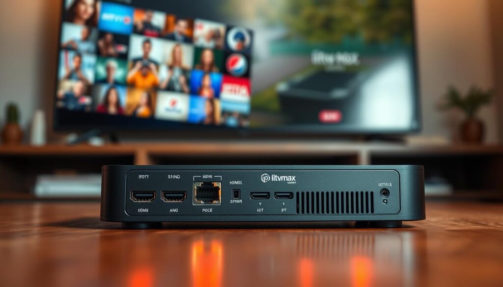 A close-up view of a sleek IPTV box showcasing its key hardware features, such as multiple HDMI ports, Ethernet connection, USB slots, and a cooling vent, beautifully illuminated by warm LED lights. The foreground features a high-resolution display with vibrant streaming content. In the middle, the IPTV box sits on a modern wooden table, surrounded by subtle reflections to enhance the hardware's sophistication. The background is softly blurred with hints of a cozy living room ambiance, creating a welcoming atmosphere for streaming. The angle is low and slightly tilted upward, emphasizing the box's design and tech appeal. Include a subtle branding logo of "iptvmaxcanada.com" on the box for a professional finish. A close-up view of a sleek IPTV box showcasing its key hardware features, such as multiple HDMI ports, Ethernet connection, USB slots, and a cooling vent, beautifully illuminated by warm LED lights. The foreground features a high-resolution display with vibrant streaming content. In the middle, the IPTV box sits on a modern wooden table, surrounded by subtle reflections to enhance the hardware's sophistication. The background is softly blurred with hints of a cozy living room ambiance, creating a welcoming atmosphere for streaming. The angle is low and slightly tilted upward, emphasizing the box's design and tech appeal. Include a subtle branding logo of "iptvmaxcanada.com" on the box for a professional finish.