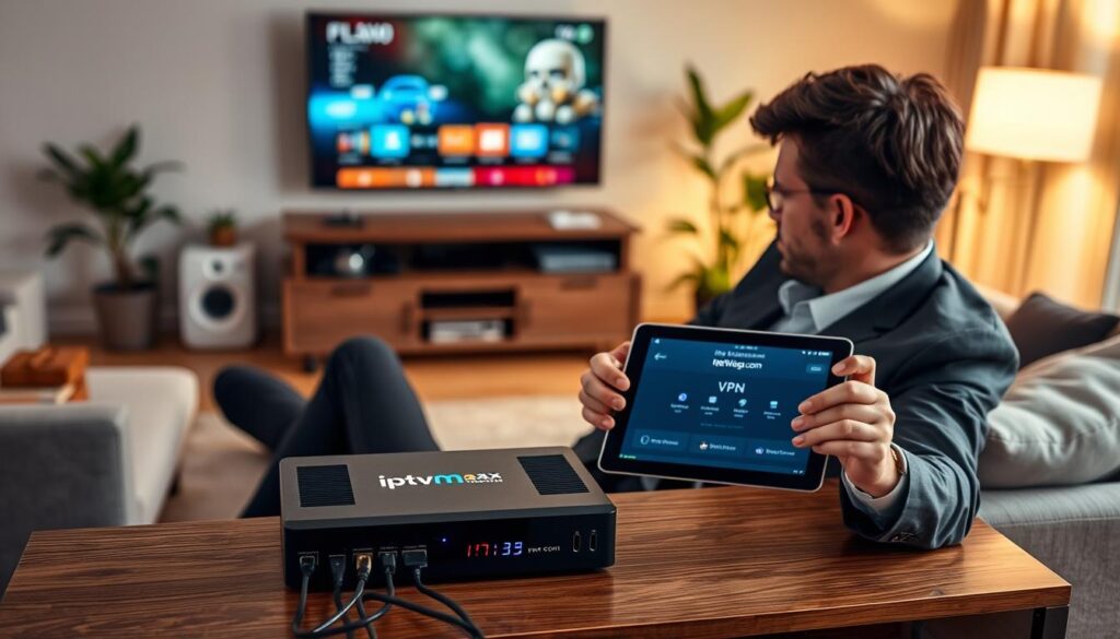 A contemporary living room scene featuring an IPTV box branded with "iptvmaxcanada.com" prominently displayed on a sleek entertainment center surrounded by modern decor. In the foreground, a professional-looking individual in smart casual attire is seated, focused on a tablet displaying a VPN interface, illustrating the importance of privacy and legality in streaming. The middle layer captures the IPTV box with connected cables, projecting a sense of advanced technology. The background features a cozy ambiance with soft lighting, a large smart TV showing a blurred streaming interface, and houseplants gently illuminated by a warm glow. The mood is informative yet inviting, emphasizing the significance of secure streaming practices. A contemporary living room scene featuring an IPTV box branded with "iptvmaxcanada.com" prominently displayed on a sleek entertainment center surrounded by modern decor. In the foreground, a professional-looking individual in smart casual attire is seated, focused on a tablet displaying a VPN interface, illustrating the importance of privacy and legality in streaming. The middle layer captures the IPTV box with connected cables, projecting a sense of advanced technology. The background features a cozy ambiance with soft lighting, a large smart TV showing a blurred streaming interface, and houseplants gently illuminated by a warm glow. The mood is informative yet inviting, emphasizing the significance of secure streaming practices.