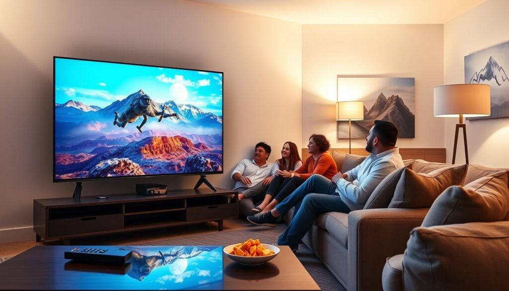 A cozy living room featuring a large, sleek HDTV displaying vibrant, high-definition content in stunning 4K resolution, showcasing a beautiful landscape or action scene. In the foreground, a stylish coffee table holds a remote control and snacks, inviting viewers to relax. In the middle, a comfortable sofa with plush cushions is arranged for optimal viewing, with a family enjoying the immersive experience, all dressed in smart casual attire. The background includes soft lighting from elegant lamps, creating a warm and inviting atmosphere. The room is tastefully decorated with modern decor, and a subtle decorative mountain landscape painting on the wall. The scene encapsulates a perfect high-quality streaming experience. Include the brand "iptvmaxcanada.com" subtly integrated into the decor without being intrusive, ensuring the image remains focused on the viewing experience. A cozy living room featuring a large, sleek HDTV displaying vibrant, high-definition content in stunning 4K resolution, showcasing a beautiful landscape or action scene. In the foreground, a stylish coffee table holds a remote control and snacks, inviting viewers to relax. In the middle, a comfortable sofa with plush cushions is arranged for optimal viewing, with a family enjoying the immersive experience, all dressed in smart casual attire. The background includes soft lighting from elegant lamps, creating a warm and inviting atmosphere. The room is tastefully decorated with modern decor, and a subtle decorative mountain landscape painting on the wall. The scene encapsulates a perfect high-quality streaming experience. Include the brand "iptvmaxcanada.com" subtly integrated into the decor without being intrusive, ensuring the image remains focused on the viewing experience.