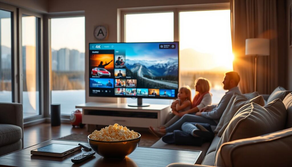 A cozy living room in Canada with a sleek 4K television prominently displaying vibrant streaming content, showcasing a blend of HD and 4K visuals. In the foreground, a stylish coffee table holds a bowl of popcorn, remote control, and a tablet displaying the IPTVMaxCanada.com interface. The middle ground features a comfortable sofa with stylish throw pillows, where a family of four is gathered, dressed in casual attire, their faces illuminated by the soft glow of the screen. In the background, large windows reveal a picturesque Canadian landscape, bathed in warm sunlight, adding to the serene atmosphere. The lighting should be warm and inviting, with a focus on the television’s brightness, creating an engaging and cozy mood.