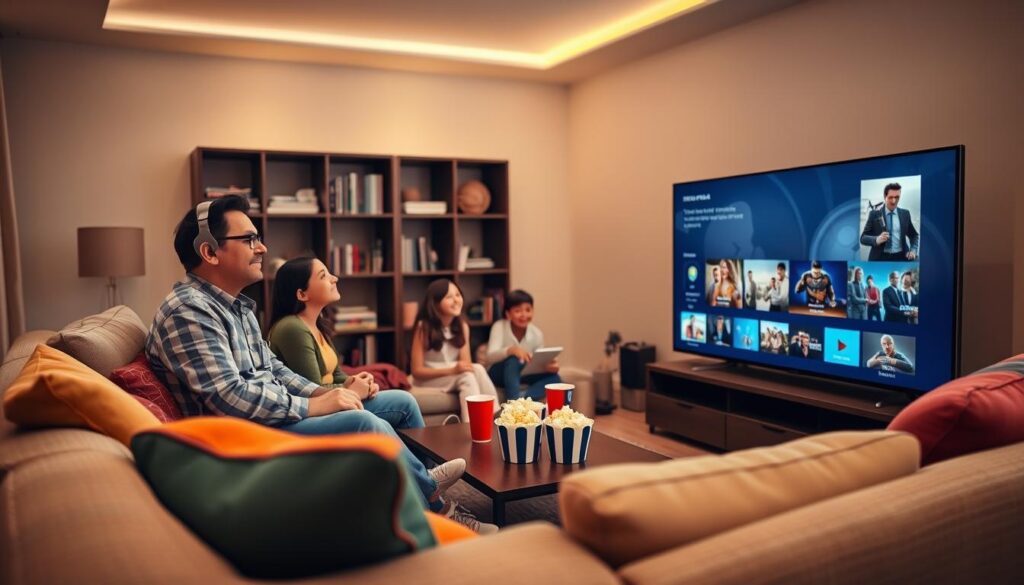 A cozy living room scene, designed for a family enjoying a movie night with IPTV services. In the foreground, a stylish flat-screen TV displays a vibrant streaming interface, showcasing various channels. A plush sofa with colorful cushions occupies the center, where a diverse family of four (one parent with glasses in smart casual attire, another parent in business casual, and two children) happily watch together. The middle ground features a small coffee table with popcorn and drinks, adding to the inviting atmosphere. In the background, softly lit bookshelves lined with tech-related books and decorative items create a warm ambiance. There’s a warm color palette with soft lighting that enhances a welcoming and relaxed mood. Subtle branding for "iptvmaxcanada.com" appears on one corner of the TV screen, integrating seamlessly into the scene. A cozy living room scene, designed for a family enjoying a movie night with IPTV services. In the foreground, a stylish flat-screen TV displays a vibrant streaming interface, showcasing various channels. A plush sofa with colorful cushions occupies the center, where a diverse family of four (one parent with glasses in smart casual attire, another parent in business casual, and two children) happily watch together. The middle ground features a small coffee table with popcorn and drinks, adding to the inviting atmosphere. In the background, softly lit bookshelves lined with tech-related books and decorative items create a warm ambiance. There’s a warm color palette with soft lighting that enhances a welcoming and relaxed mood. Subtle branding for "iptvmaxcanada.com" appears on one corner of the TV screen, integrating seamlessly into the scene.