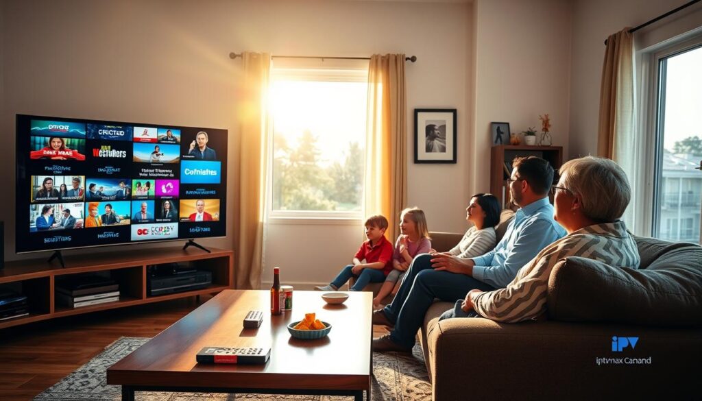 A cozy living room scene featuring a large flat-screen television displaying multiple vibrant channels, symbolizing extensive channel selection. In the foreground, a stylish coffee table holds a remote control and snacks. The middle of the image showcases comfortable seating, with a family of four (two adults in professional casual attire and two children) enjoying various shows together. Soft, warm lighting brightens the room, creating a welcoming atmosphere, with a window in the background revealing a sunny day outside. Include subtle features like a shelf with DVDs and streaming devices, including a logo subtly showing "iptvmaxcanada.com" on a TV interface. The overall mood is inviting and relaxed, highlighting the joy of family entertainment and video on demand. A cozy living room scene featuring a large flat-screen television displaying multiple vibrant channels, symbolizing extensive channel selection. In the foreground, a stylish coffee table holds a remote control and snacks. The middle of the image showcases comfortable seating, with a family of four (two adults in professional casual attire and two children) enjoying various shows together. Soft, warm lighting brightens the room, creating a welcoming atmosphere, with a window in the background revealing a sunny day outside. Include subtle features like a shelf with DVDs and streaming devices, including a logo subtly showing "iptvmaxcanada.com" on a TV interface. The overall mood is inviting and relaxed, highlighting the joy of family entertainment and video on demand.