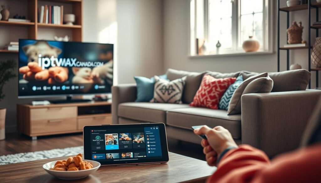 A cozy living room scene featuring a sleek TV displaying the "iptvmaxcanada.com" interface, with a user interacting seamlessly with the remote. In the foreground, a stylish coffee table holds snacks and a tablet showing IPTV options. The middle layer captures a modern couch adorned with colorful cushions, emphasizing relaxation and comfort. The background includes soft-lit shelves filled with books and decorative items, creating a warm atmosphere. The room is illuminated with natural light streaming through a window, enhancing the inviting feel. The overall mood is one of enjoyment and ease, showcasing how IPTV players can fit into everyday viewing habits.