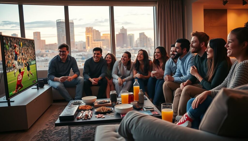 A cozy living room scene showcasing the IPTV sports streaming experience. In the foreground, a diverse group of friends, dressed in smart casual attire, are gathered around a modern, sleek TV, intently watching a live sports event. The middle ground features a stylish coffee table cluttered with snacks and drinks, creating an inviting atmosphere for entertainment. In the background, large windows reveal a glimpse of Calgary's skyline, bathed in warm evening light. The lighting is soft and inviting, highlighting the excitement on the friends' faces. The image should capture the joy and camaraderie of sports viewing, emphasizing the seamless entertainment offered by iptvmaxcanada.com. The angle is slightly elevated, providing a comprehensive view of the scene while maintaining an intimate aura.