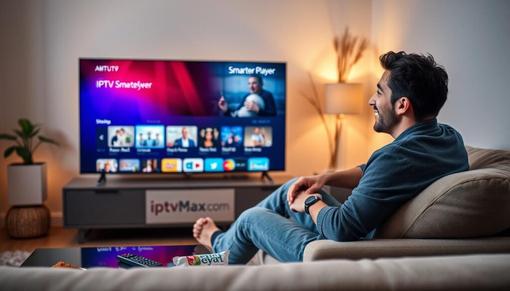 A cozy living room setting featuring a modern TV displaying the IPTV Smarter Player interface, showcasing a selection of streaming content. In the foreground, a person in casual clothing sits comfortably on a plush sofa, engaged with the IPTV experience, their expression reflecting enjoyment and satisfaction. The middle ground includes a stylish coffee table with snacks and a remote control, enhancing the relaxed atmosphere. The background features soft ambient lighting with warm tones, creating an inviting vibe. The scene is captured from a slightly angled perspective, giving a sense of depth and connection to the user's experience. A subtle decorative plant can be seen behind the television, adding a touch of warmth to the environment. Include the brand name "iptvmaxcanada.com" subtly integrated into the visual elements.