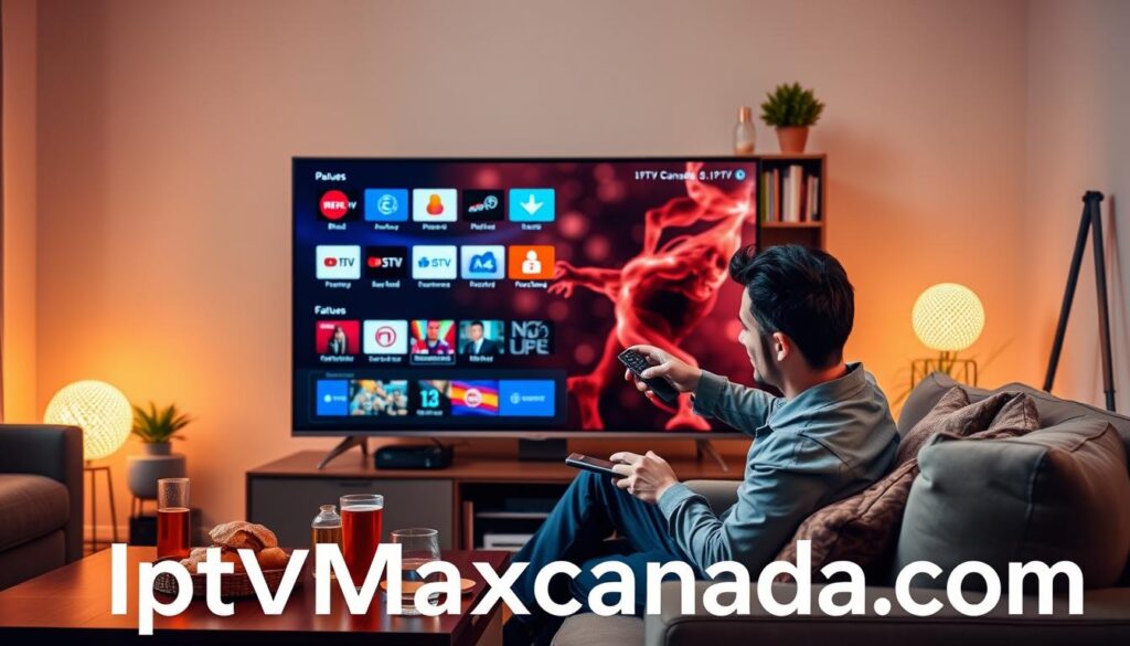 A cozy living room setting showcasing a modern IPTV setup. In the foreground, a sleek smart TV displays a vibrant streaming interface with various channels and features highlighted, emphasizing options like pause and rewind. In the middle, a user, dressed in smart casual attire, is casually interacting with a remote control while seated on a comfortable couch, surrounded by snacks and drinks, portraying a relaxed atmosphere. The background features soft, warm lighting, with bookshelves and potted plants adding a homely touch. A subtle reflection of a glowing light accentuates the TV screen while the overall mood conveys enjoyment and ease in discovering IPTV functionalities. The scene subtly incorporates the brand name "iptvmaxcanada.com" in the digital display without any text overlays or distractions. A cozy living room setting showcasing a modern IPTV setup. In the foreground, a sleek smart TV displays a vibrant streaming interface with various channels and features highlighted, emphasizing options like pause and rewind. In the middle, a user, dressed in smart casual attire, is casually interacting with a remote control while seated on a comfortable couch, surrounded by snacks and drinks, portraying a relaxed atmosphere. The background features soft, warm lighting, with bookshelves and potted plants adding a homely touch. A subtle reflection of a glowing light accentuates the TV screen while the overall mood conveys enjoyment and ease in discovering IPTV functionalities. The scene subtly incorporates the brand name "iptvmaxcanada.com" in the digital display without any text overlays or distractions.