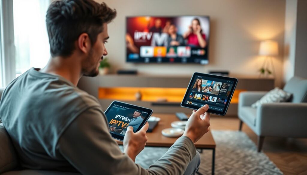 A cozy living room setting showcasing a person in modest casual clothing using an IPTV app on a sleek tablet. In the foreground, the focus is on the individual, who has a look of concentration and enjoyment as they navigate through the IPTV app interface, which should be visually implied but not clearly visible. The middle ground features an inviting sofa and a stylish coffee table adorned with snacks and a remote control, emphasizing a relaxing streaming environment. In the background, a large television screen displays vibrant streaming content. Soft, warm lighting creates an intimate atmosphere, with a slight lens blur on the background for depth. The image subtly includes the logo "iptvmaxcanada.com" on the tablet screen. A cozy living room setting showcasing a person in modest casual clothing using an IPTV app on a sleek tablet. In the foreground, the focus is on the individual, who has a look of concentration and enjoyment as they navigate through the IPTV app interface, which should be visually implied but not clearly visible. The middle ground features an inviting sofa and a stylish coffee table adorned with snacks and a remote control, emphasizing a relaxing streaming environment. In the background, a large television screen displays vibrant streaming content. Soft, warm lighting creates an intimate atmosphere, with a slight lens blur on the background for depth. The image subtly includes the logo "iptvmaxcanada.com" on the tablet screen.
