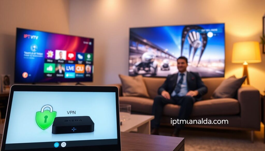 A cozy living room setting with a sleek Android box connected to a large smart TV, displaying a vibrant IPTV streaming interface. In the foreground, a laptop shows a VPN application running, with lock icons and a green shield symbolizing security. In the middle ground, a person in professional business attire, sitting comfortably on a couch, has an engaging expression as they navigate through the streaming options. The background features dimmed lights with a relaxed atmosphere, emphasizing the enjoyment of seamless streaming. Soft, warm lighting creates a welcoming environment, while the brand iptvmaxcanada.com subtly appears integrated into the design of the TV screen, enhancing the tech-focused theme of the image.