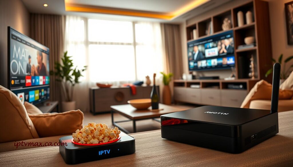 A cozy living room setup focused on IPTV and an Android Box streaming configuration. In the foreground, a sleek Android Box with glowing LED lights is prominently displayed, connected to a large flat-screen TV showing colorful streaming service menus. A comfortable couch with soft cushions is nearby, and a stylish coffee table holds a remote control and a bowl of popcorn. In the middle ground, a large window allows warm natural light to fill the room, enhancing the inviting atmosphere. The background features a modern entertainment unit with decorative elements and potted plants. The mood is relaxed and tech-savvy, reflecting a seamless streaming experience. Incorporate the brand name "iptvmaxcanada.com" subtly within the decor.