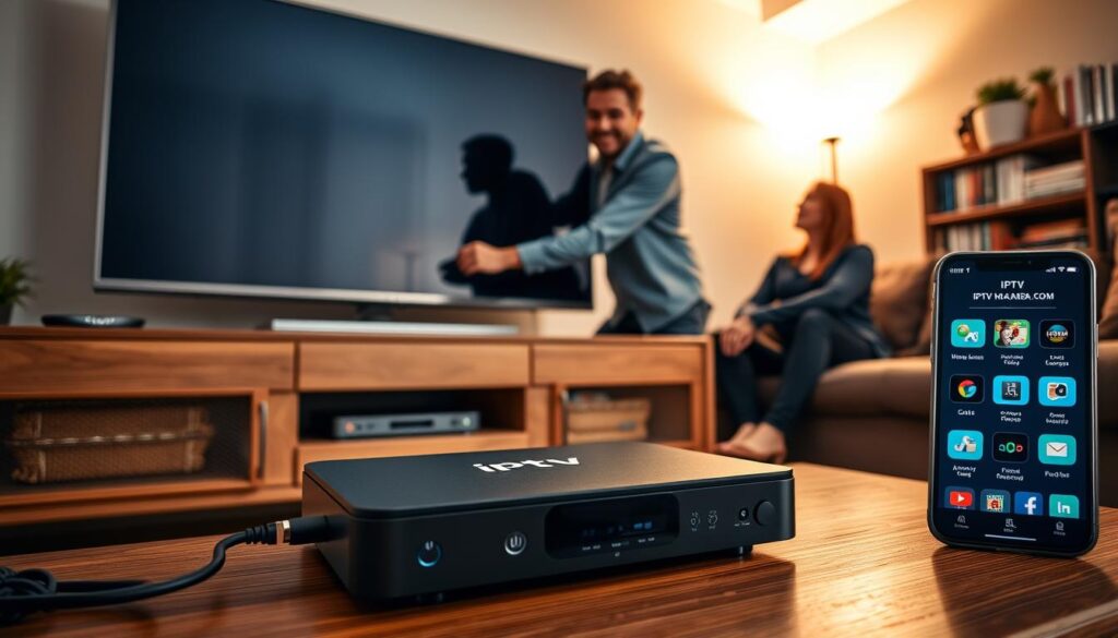 A cozy living room setup, showcasing a couple comfortably placing a smart TV on a media console. In the foreground, they are setting up IPTV Mississauga, connecting cables and adjusting the remote. The couple is dressed in smart casual clothing, exuding a sense of ease and professionalism. The middle ground features a sleek IPTV device with the logo iptvmaxcanada.com clearly visible, alongside a smartphone displaying the IPTV app interface. The background includes warm ambient lighting with soft shadows, and a bookshelf filled with streaming devices and DVDs, creating an inviting atmosphere. The camera angle is slightly elevated, providing a comprehensive view of the setup process, capturing the couple's expressions of satisfaction as they prepare for their streaming experience.