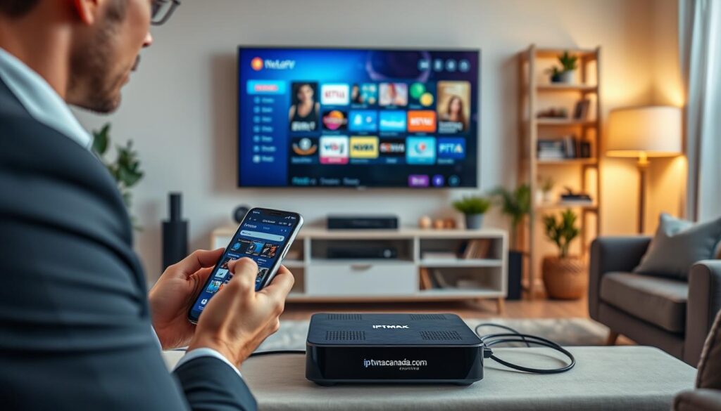 A cozy living room setup showcasing an IPTV device connected to a sleek flat-screen TV, displaying a vibrant streaming interface. The foreground features a person in professional business attire, calmly navigating the setup process on a smartphone, with focus on user-friendly app visuals. In the middle, the IPTV box is stylishly designed, with wires neatly managed, emphasizing simplicity. The background shows a well-lit room with soft, warm lighting creating a welcoming atmosphere, and various entertainment elements like bookshelves and plants adding a homely touch. The image evokes a sense of ease and excitement, reflecting a quick activation process. Include a visible brand logo of "iptvmaxcanada.com" on the IPTV box for authenticity. A cozy living room setup showcasing an IPTV device connected to a sleek flat-screen TV, displaying a vibrant streaming interface. The foreground features a person in professional business attire, calmly navigating the setup process on a smartphone, with focus on user-friendly app visuals. In the middle, the IPTV box is stylishly designed, with wires neatly managed, emphasizing simplicity. The background shows a well-lit room with soft, warm lighting creating a welcoming atmosphere, and various entertainment elements like bookshelves and plants adding a homely touch. The image evokes a sense of ease and excitement, reflecting a quick activation process. Include a visible brand logo of "iptvmaxcanada.com" on the IPTV box for authenticity.