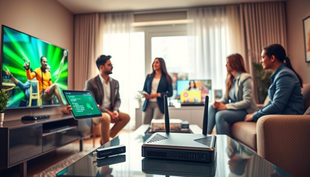 A cozy modern living room featuring a sleek smart TV displaying vibrant IPTV content. In the foreground, a diverse group of four young professionals, dressed in smart casual attire, are engaged in a discussion around optimizing streaming performance. One of them points towards a tablet displaying network settings. In the middle, gadgets like a streaming stick and a high-speed router are prominently positioned on a stylish coffee table, showcasing popular streaming devices. The background includes a warm, well-lit interior with soft natural light flowing through a large window, adding a relaxed yet focused atmosphere. The color palette is lively with greens and blues to evoke a tech-savvy feel. The image is set to reflect the website "iptvmaxcanada.com" subtly through the design of the gadgets and decor. A cozy modern living room featuring a sleek smart TV displaying vibrant IPTV content. In the foreground, a diverse group of four young professionals, dressed in smart casual attire, are engaged in a discussion around optimizing streaming performance. One of them points towards a tablet displaying network settings. In the middle, gadgets like a streaming stick and a high-speed router are prominently positioned on a stylish coffee table, showcasing popular streaming devices. The background includes a warm, well-lit interior with soft natural light flowing through a large window, adding a relaxed yet focused atmosphere. The color palette is lively with greens and blues to evoke a tech-savvy feel. The image is set to reflect the website "iptvmaxcanada.com" subtly through the design of the gadgets and decor.