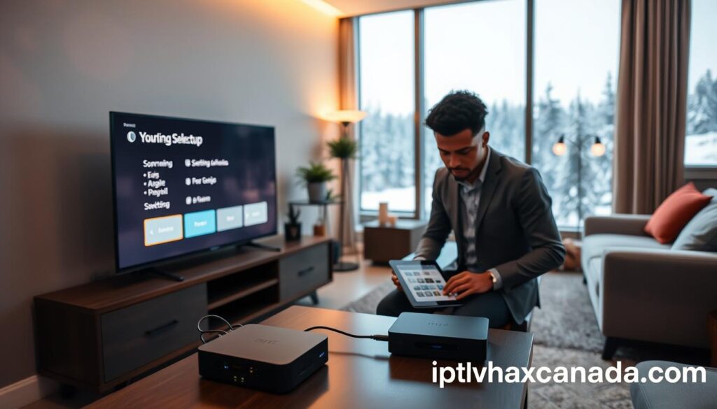 A cozy, modern living room setting in Canada, with a focus on popular IPTV devices like a smart TV, streaming box, and tablet on a stylish entertainment unit. In the foreground, a person of diverse descent, dressed in professional casual attire, connects cables to the streaming box, displaying concentration. The middle ground includes a glowing TV screen showing technical setup options, while the background features warm ambient lighting, a large window with a view of a snowy Canadian landscape, and minimalistic furniture. The scene embodies a tech-savvy atmosphere, reflecting ease of setup for IPTV. The logo "iptvmaxcanada.com" is subtly integrated into the device selections, emphasizing the service.