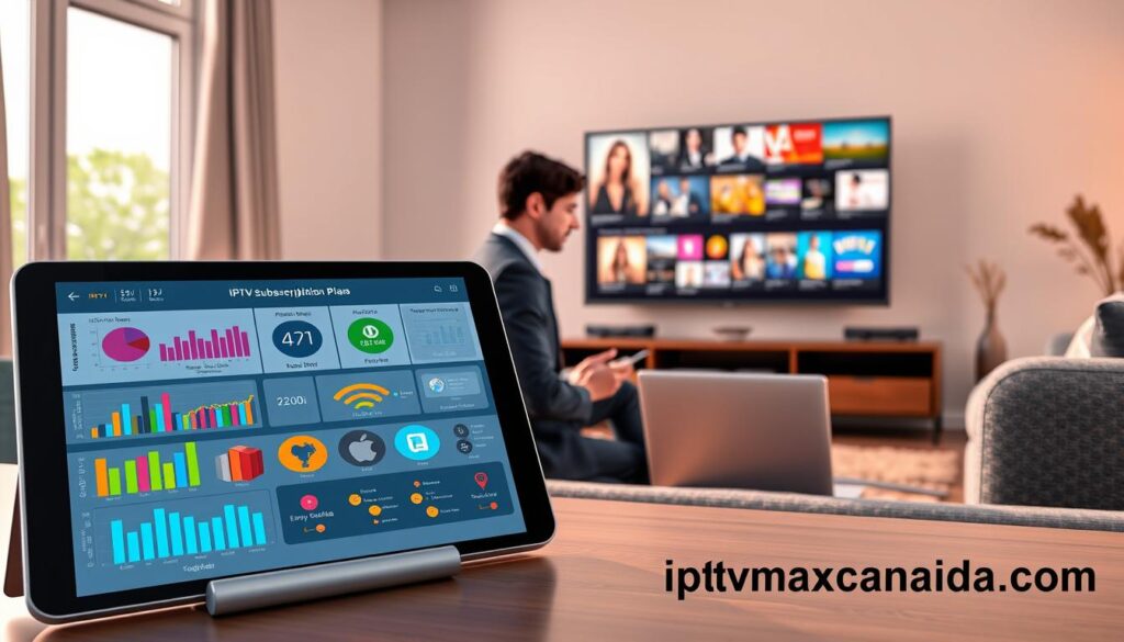 A creative, informative illustration showcasing "Comprehensive IPTV Subscription Plans in Canada." In the foreground, a sleek digital tablet displays vibrant graphs and charts representing various IPTV subscription options, styled with modern, user-friendly interfaces. In the middle ground, a professional individual in business attire is analyzing the subscription plans, with a laptop open beside them, illuminated by soft, warm lighting that conveys a welcoming atmosphere. The background features a contemporary home entertainment setup, complete with a large screen showing a selection of entertainment genres, alluding to quality content. The scene is set in a cozy living room, with minimalistic decor and natural light streaming in from a window. Include the brand name "iptvmaxcanada.com" subtly integrated into the design elements. A creative, informative illustration showcasing "Comprehensive IPTV Subscription Plans in Canada." In the foreground, a sleek digital tablet displays vibrant graphs and charts representing various IPTV subscription options, styled with modern, user-friendly interfaces. In the middle ground, a professional individual in business attire is analyzing the subscription plans, with a laptop open beside them, illuminated by soft, warm lighting that conveys a welcoming atmosphere. The background features a contemporary home entertainment setup, complete with a large screen showing a selection of entertainment genres, alluding to quality content. The scene is set in a cozy living room, with minimalistic decor and natural light streaming in from a window. Include the brand name "iptvmaxcanada.com" subtly integrated into the design elements.