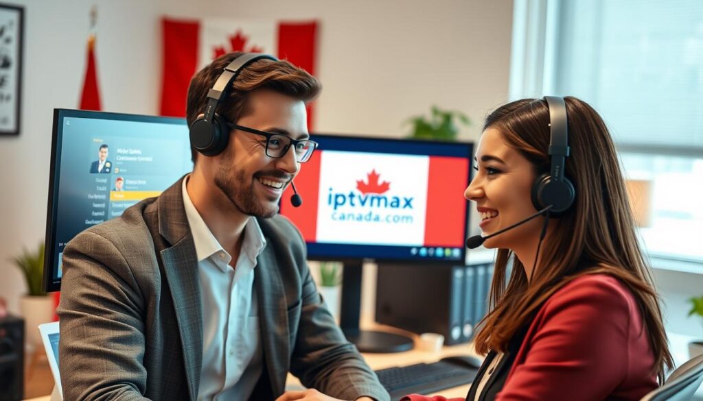 A dedicated Canadian customer support team engaged in a live chat session for IPTV services. In the foreground, a professional-looking support agent wearing a headset and smart casual attire is smiling and focused on a computer screen displaying IPTV options. The middle layer features a sleek, modern office setup with dual monitors, showing customer service applications and the brand logo "iptvmaxcanada.com" subtly displayed on the screen. In the background, a Canadian flag and elements of a cozy office environment evoke a supportive atmosphere. The lighting is bright and inviting, creating a sense of reliability and professionalism, captured with a soft focus effect to highlight the agent's face. The overall mood is friendly and approachable, emphasizing the dedication to quality streaming support. A dedicated Canadian customer support team engaged in a live chat session for IPTV services. In the foreground, a professional-looking support agent wearing a headset and smart casual attire is smiling and focused on a computer screen displaying IPTV options. The middle layer features a sleek, modern office setup with dual monitors, showing customer service applications and the brand logo "iptvmaxcanada.com" subtly displayed on the screen. In the background, a Canadian flag and elements of a cozy office environment evoke a supportive atmosphere. The lighting is bright and inviting, creating a sense of reliability and professionalism, captured with a soft focus effect to highlight the agent's face. The overall mood is friendly and approachable, emphasizing the dedication to quality streaming support.