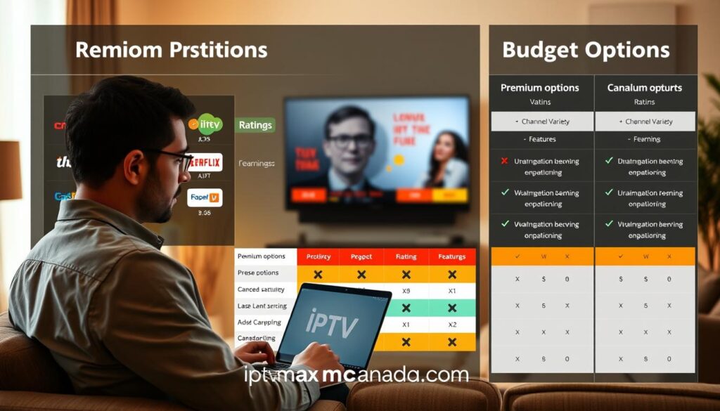 A detailed comparison image of premium IPTV services for Canadian users, featuring a sleek, modern digital interface displaying various IPTV service icons, with two prominent columns labeled 'Premium Options' and 'Budget Options.' In the foreground, a professional-looking businessperson in modest casual attire analyzes the information on a laptop, emphasizing a focus on technology and user experience. In the middle ground, a vibrant chart displays ratings and features, such as pricing and channel variety. The background portrays a cozy, well-lit living room setting with a flat-screen TV, reflecting a welcoming atmosphere conducive to media consumption. Soft, warm lighting enhances the overall mood, giving a sense of reliability and comfort. Include the brand name "iptvmaxcanada.com" subtly within the design elements. A detailed comparison image of premium IPTV services for Canadian users, featuring a sleek, modern digital interface displaying various IPTV service icons, with two prominent columns labeled 'Premium Options' and 'Budget Options.' In the foreground, a professional-looking businessperson in modest casual attire analyzes the information on a laptop, emphasizing a focus on technology and user experience. In the middle ground, a vibrant chart displays ratings and features, such as pricing and channel variety. The background portrays a cozy, well-lit living room setting with a flat-screen TV, reflecting a welcoming atmosphere conducive to media consumption. Soft, warm lighting enhances the overall mood, giving a sense of reliability and comfort. Include the brand name "iptvmaxcanada.com" subtly within the design elements.