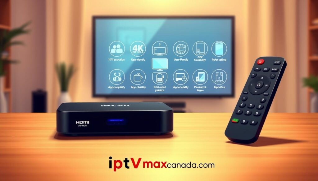 A detailed illustration showcasing the key features to consider when choosing the best IPTV box Android. In the foreground, display an Android IPTV box with sleek design and remote control, emphasizing the HDMI connectivity and USB ports. In the middle background, feature icons representing essential features such as 4K resolution, user-friendly interface, and app compatibility, arranged in a visually engaging layout. The background should be a subtle tech-inspired gradient, lending a modern feel. Soft, warm lighting should illuminate the scene, creating a cozy atmosphere, while maintaining clarity of all elements. Ensure the setting is professional and inviting, suitable for readers seeking guidance on IPTV technology. Include branding subtly by integrating the logo of "iptvmaxcanada.com" into the design. A detailed illustration showcasing the key features to consider when choosing the best IPTV box Android. In the foreground, display an Android IPTV box with sleek design and remote control, emphasizing the HDMI connectivity and USB ports. In the middle background, feature icons representing essential features such as 4K resolution, user-friendly interface, and app compatibility, arranged in a visually engaging layout. The background should be a subtle tech-inspired gradient, lending a modern feel. Soft, warm lighting should illuminate the scene, creating a cozy atmosphere, while maintaining clarity of all elements. Ensure the setting is professional and inviting, suitable for readers seeking guidance on IPTV technology. Include branding subtly by integrating the logo of "iptvmaxcanada.com" into the design.