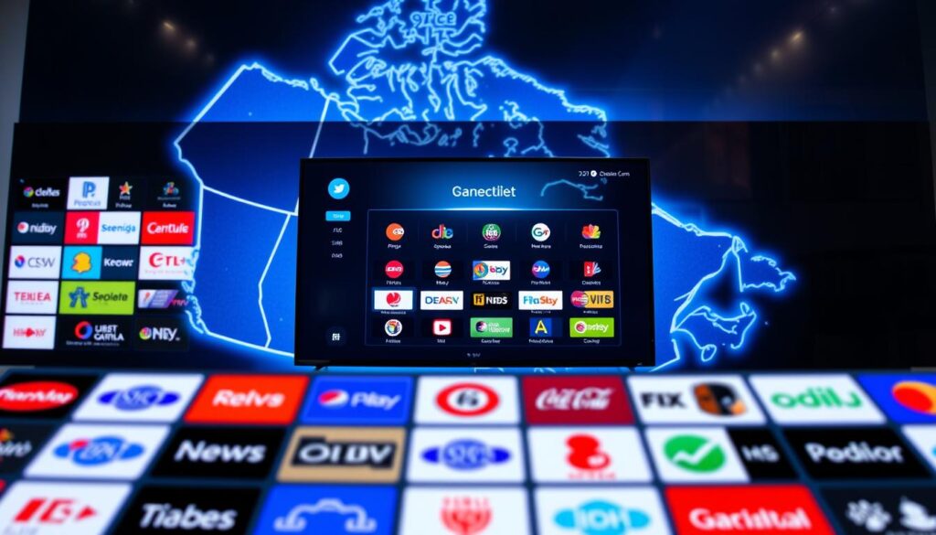 A detailed image of an IPTV Channel List designed for Canadian viewers, showcasing various channel logos in a grid format. In the foreground, neatly arranged channel icons representing diverse genres like sports, news, movies, and entertainment. The middle ground features a sleek digital interface displaying a modern user-friendly layout, with a gentle glow highlighting the channels. The background consists of a stylized map of Canada, softly illuminated with blue tones to evoke a tech-savvy atmosphere. The overall lighting is bright yet soft, creating an inviting mood. The scene should be captured from a slightly elevated angle to give depth, and the brand "iptvmaxcanada.com" subtly integrated into the design without any text overlays or distractions. A detailed image of an IPTV Channel List designed for Canadian viewers, showcasing various channel logos in a grid format. In the foreground, neatly arranged channel icons representing diverse genres like sports, news, movies, and entertainment. The middle ground features a sleek digital interface displaying a modern user-friendly layout, with a gentle glow highlighting the channels. The background consists of a stylized map of Canada, softly illuminated with blue tones to evoke a tech-savvy atmosphere. The overall lighting is bright yet soft, creating an inviting mood. The scene should be captured from a slightly elevated angle to give depth, and the brand "iptvmaxcanada.com" subtly integrated into the design without any text overlays or distractions.