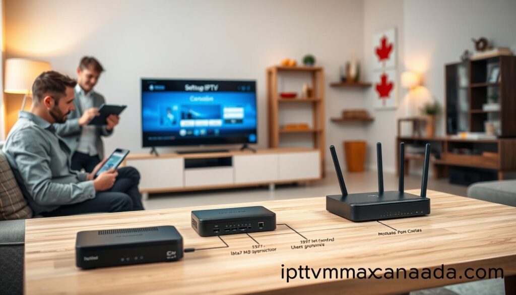 A detailed, step-by-step guide for setting up IPTV on devices for Canadian viewers, illustrated in a clean, professional layout. In the foreground, a sleek living room with a modern TV displaying the IPTV setup interface. To the left, an individual dressed in smart casual clothing attentively following instructions on a tablet, showcasing a focus on user-friendly technology. In the middle, a clear progression of steps on a stylish wooden table, featuring devices like a set-top box, remote control, and a router, arranged harmoniously. The background offers a cozy ambiance with warm lighting and Canadian-themed decor, creating an inviting atmosphere. Soft focus on the edges to draw attention to the setup process. Include the brand name "iptvmaxcanada.com" discreetly integrated into the design.