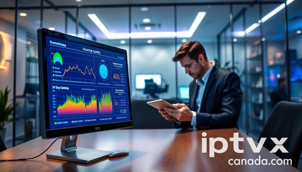 A digital workspace illustrating a detailed analysis of IPTV services' streaming quality and performance. In the foreground, a sleek desktop computer monitor displays vibrant graphs and data metrics, showcasing bandwidth usage and buffering statistics. The middle ground features a professional individual in business attire, focusing intently on the screen, taking notes with a high-tech tablet. The background is a modern office setting with glass walls, filled with subtle tech-themed decor. Soft, ambient lighting enhances the atmosphere, adding a sense of professionalism and focus. The image encapsulates a blend of technology and analysis, reflecting the advanced nature of IPTV services, branded subtly with "iptvmaxcanada.com" in the corner. A digital workspace illustrating a detailed analysis of IPTV services' streaming quality and performance. In the foreground, a sleek desktop computer monitor displays vibrant graphs and data metrics, showcasing bandwidth usage and buffering statistics. The middle ground features a professional individual in business attire, focusing intently on the screen, taking notes with a high-tech tablet. The background is a modern office setting with glass walls, filled with subtle tech-themed decor. Soft, ambient lighting enhances the atmosphere, adding a sense of professionalism and focus. The image encapsulates a blend of technology and analysis, reflecting the advanced nature of IPTV services, branded subtly with "iptvmaxcanada.com" in the corner.