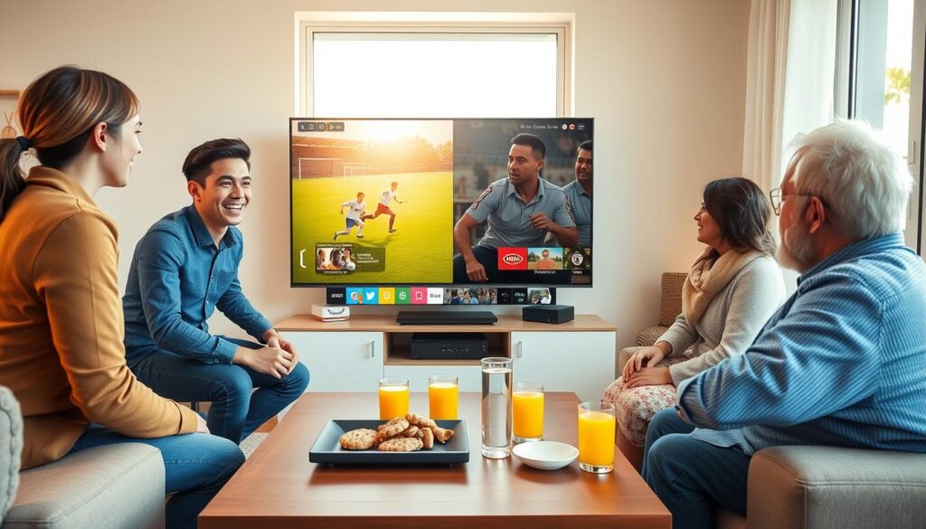 A dynamic living room scene showcasing a diverse family, gathered around a sleek modern television displaying various sports channels and international content via IPTV. In the foreground, a young couple, dressed in smart casual attire, excitedly watches a soccer match, while an older relative enjoys a cultural program. The middle of the room features snacks and drinks on a stylish coffee table, adding a convivial atmosphere. In the background, a window reveals a sunny day outside, enhancing the warm lighting inside. The image should evoke a sense of community and entertainment. Include the logo "iptvmaxcanada.com" subtly integrated into the television screen. Aim for a bright and inviting color palette with natural lighting to create a cheerful and engaging mood. A dynamic living room scene showcasing a diverse family, gathered around a sleek modern television displaying various sports channels and international content via IPTV. In the foreground, a young couple, dressed in smart casual attire, excitedly watches a soccer match, while an older relative enjoys a cultural program. The middle of the room features snacks and drinks on a stylish coffee table, adding a convivial atmosphere. In the background, a window reveals a sunny day outside, enhancing the warm lighting inside. The image should evoke a sense of community and entertainment. Include the logo "iptvmaxcanada.com" subtly integrated into the television screen. Aim for a bright and inviting color palette with natural lighting to create a cheerful and engaging mood.