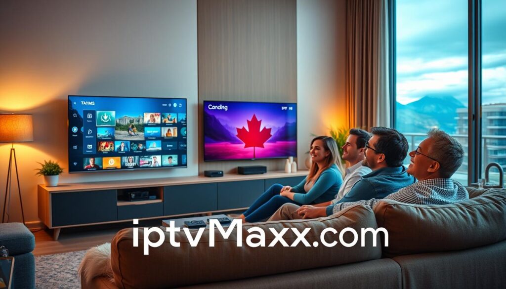 A dynamic living room scene showcasing a modern family enjoying IPTV streaming. In the foreground, a smiling Canadian family of four, dressed in casual yet professional attire, relaxes on a comfortable couch, engrossed in a vibrant TV display showing various IPTV streaming options, highlighting the diversity of content. The middle layer features a sleek entertainment unit with a stylish setup, showcasing a modern IPTV device and remote. In the background, large windows reveal a picturesque Canadian landscape, enhancing the cozy yet contemporary atmosphere. Soft, warm lighting bathes the room, giving it a welcoming feel. The overall mood is joyful and engaging, emphasizing the advantages of IPTV streaming over traditional cable TV. The brand "iptvmaxcanada.com" subtly integrated as a decorative element within the room, adding a touch of branding without overwhelming the scene.