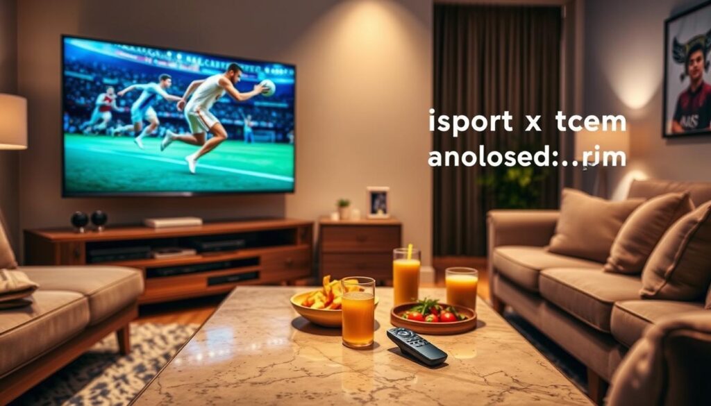 A dynamic scene showcasing a cozy living room environment focused on sports streaming. In the foreground, a modern flat-screen TV displays an exciting sports match, with vibrant colors and clear details of athletes in action. In the middle, a stylish coffee table holds snacks and drinks, creating a relaxed atmosphere. A sleek remote control is visible, emphasizing the ease of use. The background features plush couches and tasteful decor, suggesting comfort and leisure. Soft, warm lighting adds a welcoming feel to the room. A subtle hint of the brand name "iptvmaxcanada.com" is artistically integrated into the design, reflecting innovation in sports streaming. The mood is lively and engaging, perfect for sports enthusiasts.
